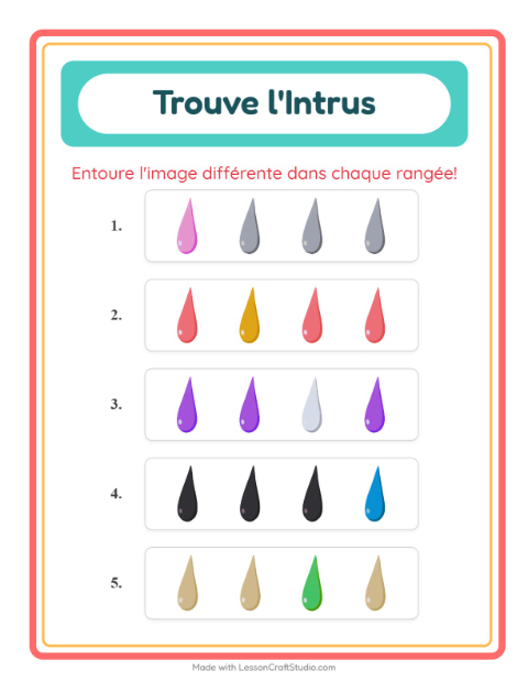 Aperçu de la fiche L'intrus avec Couleurs pour École maternelle (grande section, 5-7 ans)