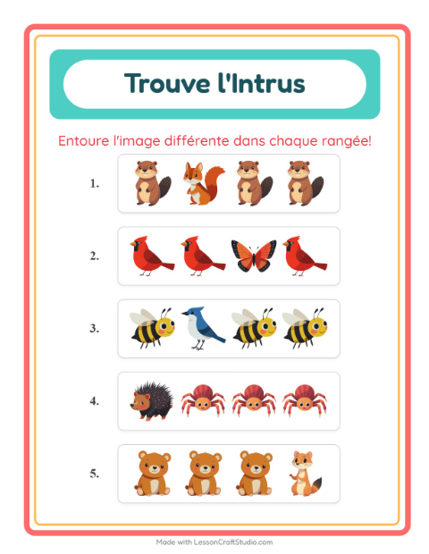 Aperçu de la fiche L'intrus avec Créatures de la forêt pour École maternelle (grande section, 5-7 ans)