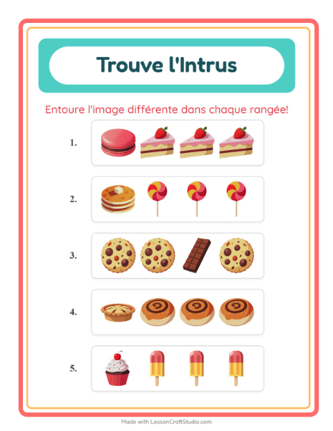 Aperçu de la fiche L'intrus avec Desserts et sucreries pour École maternelle (grande section, 5-7 ans)