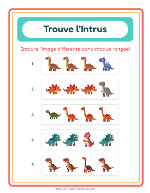 Aperçu de la fiche L'intrus avec Dinosaures pour École maternelle (grande section, 5-7 ans)