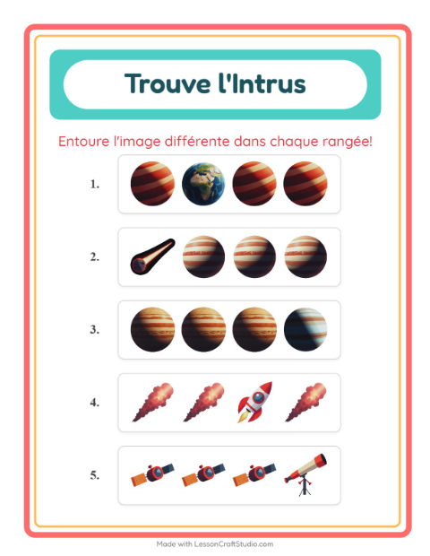 Aperçu de la fiche L'intrus avec Espace pour École maternelle (grande section, 5-7 ans)