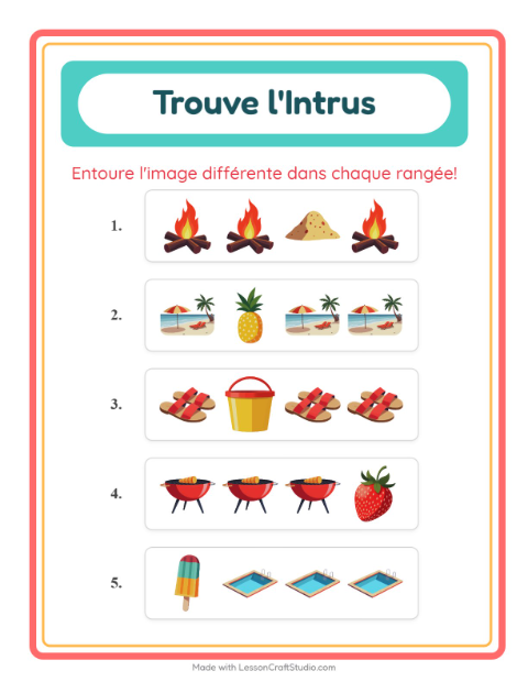 Aperçu de la fiche L'intrus avec Été pour École maternelle (grande section, 5-7 ans)