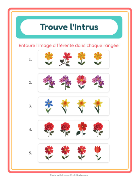 Aperçu de la fiche L'intrus avec Fleurs pour École maternelle (grande section, 5-7 ans)