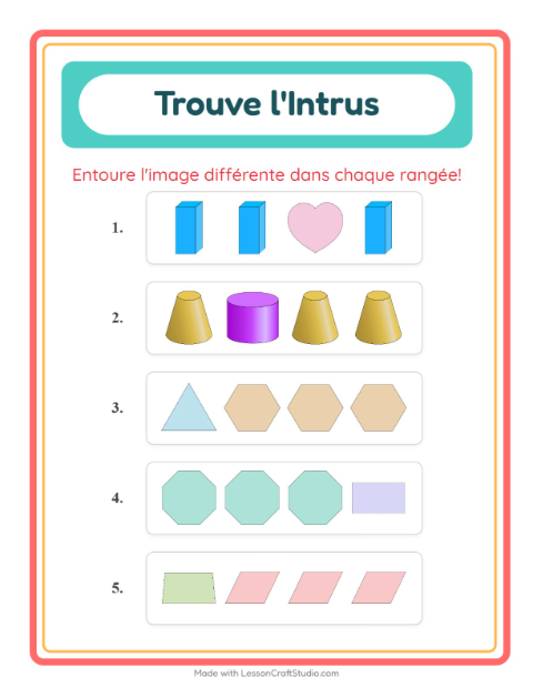 Aperçu de la fiche L'intrus avec Formes pour École maternelle (grande section, 5-7 ans)