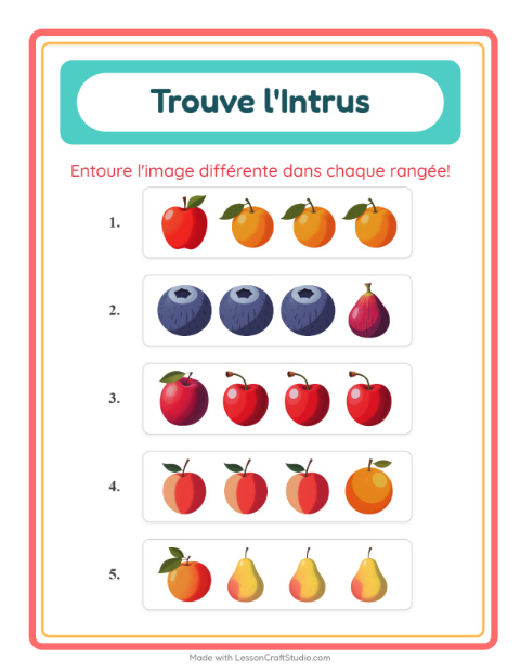 Aperçu de la fiche L'intrus avec Fruits pour École maternelle (grande section, 5-7 ans)