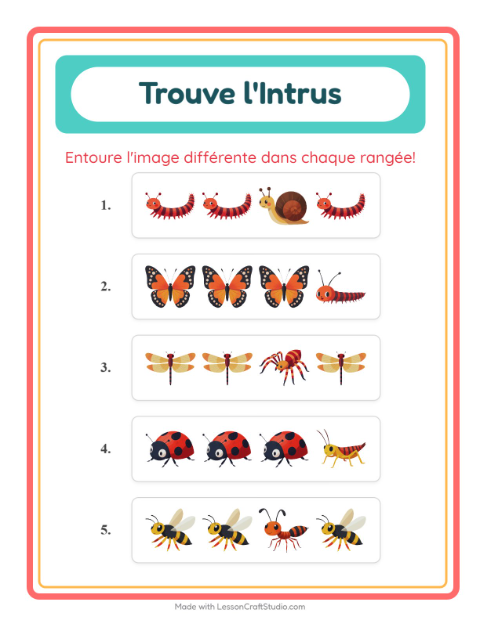 Aperçu de la fiche L'intrus avec Insectes et bestioles pour École maternelle (grande section, 5-7 ans)