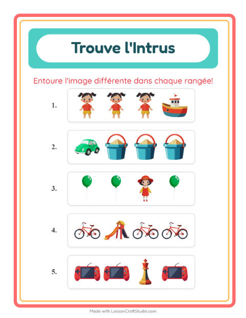 Aperçu de la fiche L'intrus avec Jouets pour École maternelle (grande section, 5-7 ans)