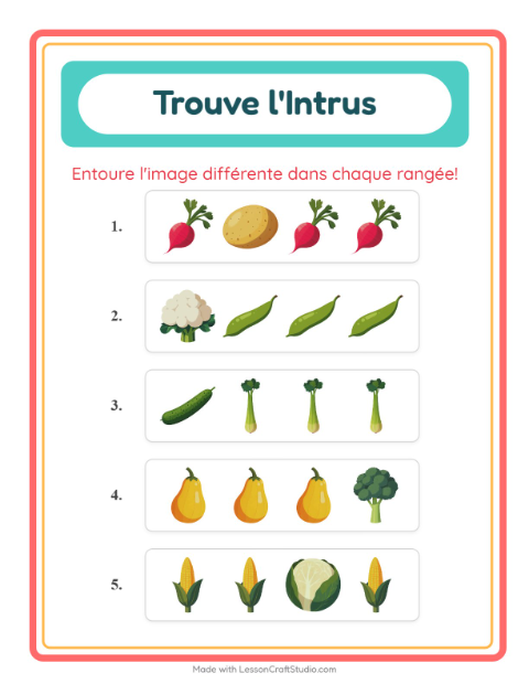 Aperçu de la fiche L'intrus avec Légumes pour École maternelle (grande section, 5-7 ans)