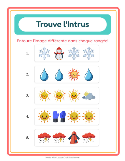 Aperçu de la fiche L'intrus avec Météo pour École maternelle (grande section, 5-7 ans)