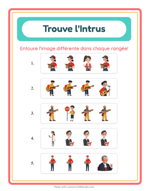 Aperçu de la fiche L'intrus avec Métiers pour École maternelle (grande section, 5-7 ans)