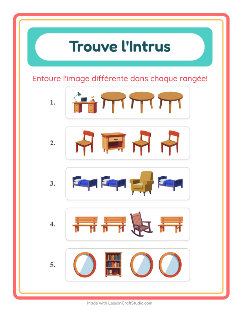 Aperçu de la fiche L'intrus avec Meubles pour École maternelle (grande section, 5-7 ans)