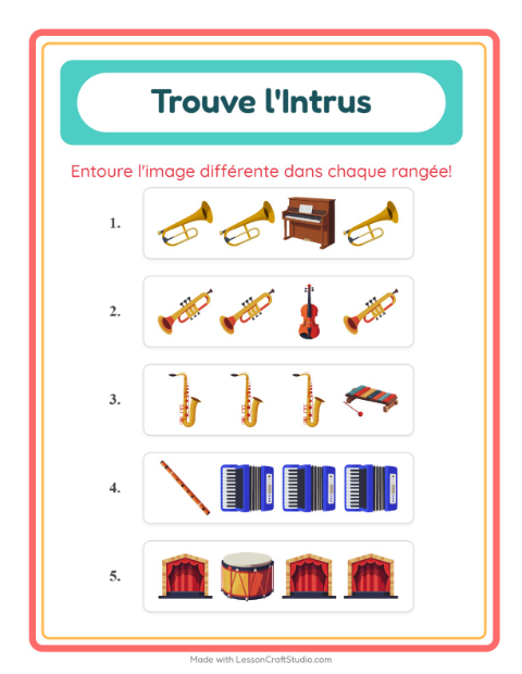 Aperçu de la fiche L'intrus avec Musique pour École maternelle (grande section, 5-7 ans)