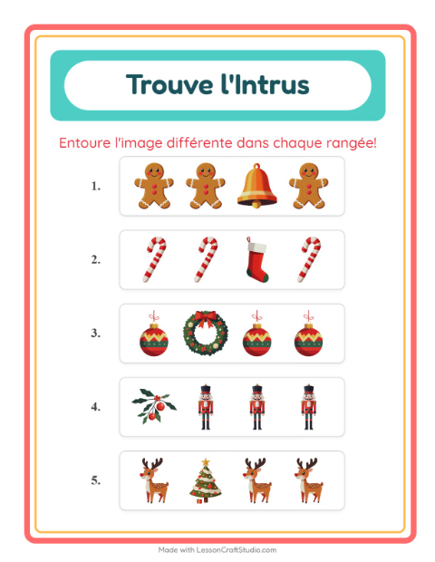 Aperçu de la fiche L'intrus avec Noël pour École maternelle (grande section, 5-7 ans)