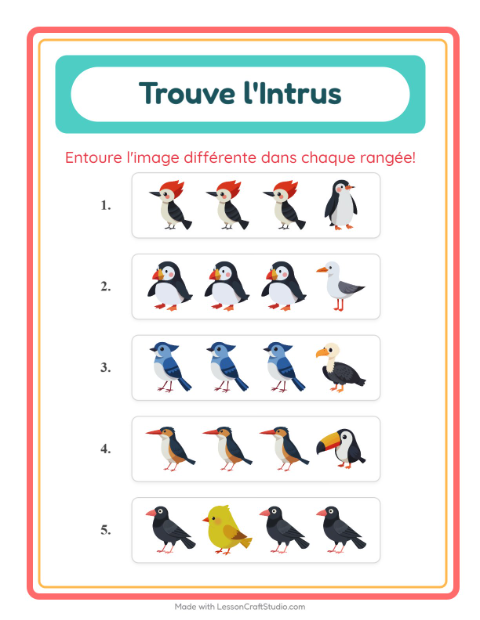 Aperçu de la fiche L'intrus avec Oiseaux 2 pour École maternelle (grande section, 5-7 ans)