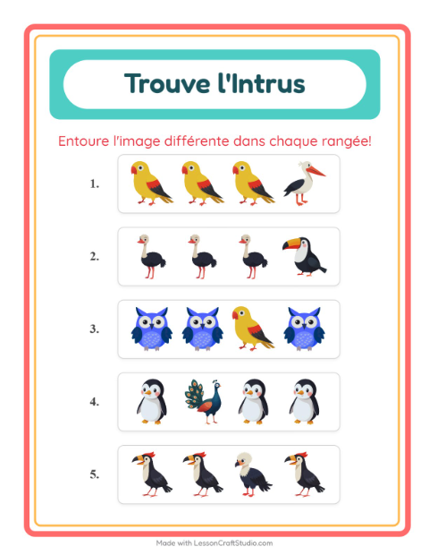 Aperçu de la fiche L'intrus avec Oiseaux pour École maternelle (grande section, 5-7 ans)