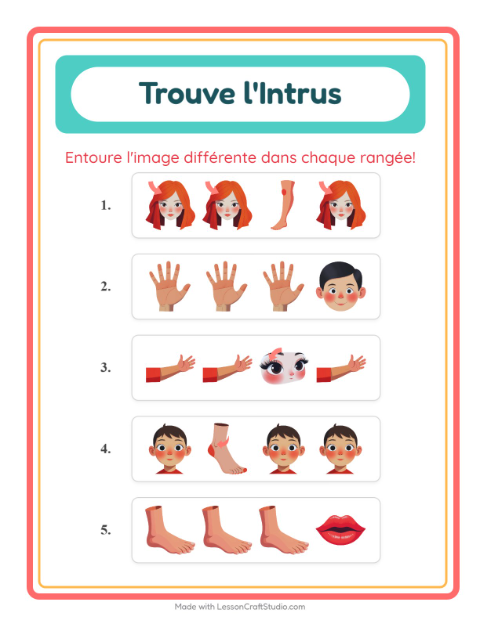 Aperçu de la fiche L'intrus avec Parties du corps pour École maternelle (grande section, 5-7 ans)