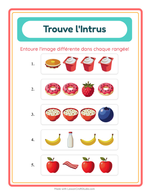 Aperçu de la fiche L'intrus avec Petit-déjeuner pour École maternelle (grande section, 5-7 ans)