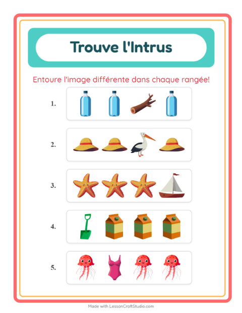 Aperçu de la fiche L'intrus avec Plage pour École maternelle (grande section, 5-7 ans)