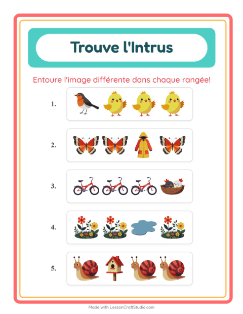 Aperçu de la fiche L'intrus avec Printemps pour École maternelle (grande section, 5-7 ans)