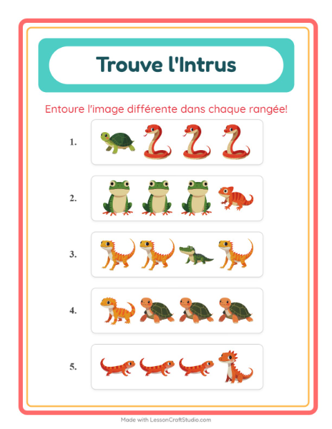 Aperçu de la fiche L'intrus avec Reptiles et amphibiens pour École maternelle (grande section, 5-7 ans)