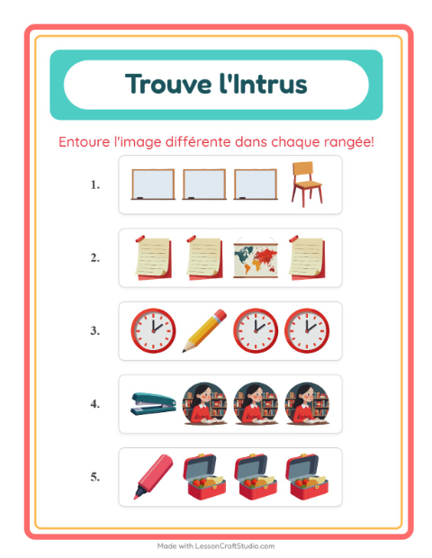 Aperçu de la fiche L'intrus avec Salle de classe pour École maternelle (grande section, 5-7 ans)