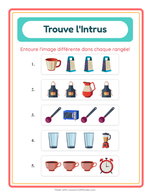 Aperçu de la fiche L'intrus avec Ustensiles de cuisine pour École maternelle (grande section, 5-7 ans)