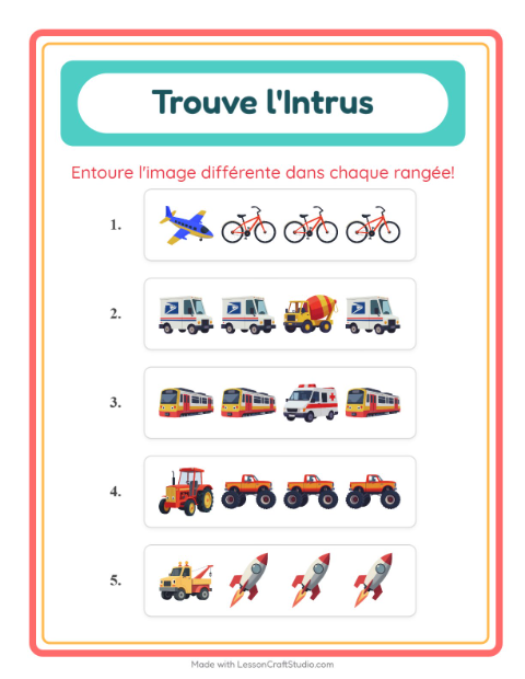 Aperçu de la fiche L'intrus avec Véhicules pour École maternelle (grande section, 5-7 ans)