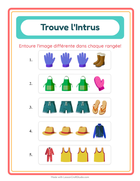 Aperçu de la fiche L'intrus avec Vêtements pour École maternelle (grande section, 5-7 ans)