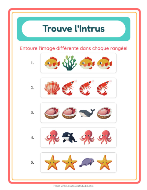 Aperçu de la fiche L'intrus avec Vie océanique pour École maternelle (grande section, 5-7 ans)