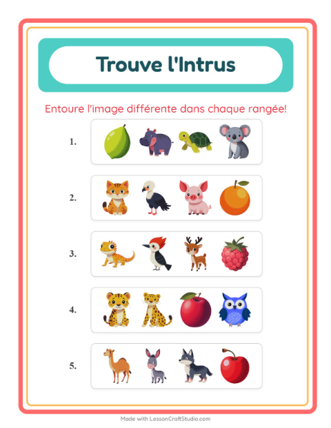 Aperçu de la fiche L'intrus avec Animaux pour École maternelle (grande section, 5-7 ans)