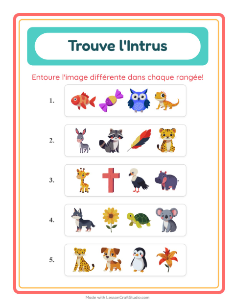 Aperçu de la fiche L'intrus avec Animaux pour École maternelle (grande section, 5-7 ans)