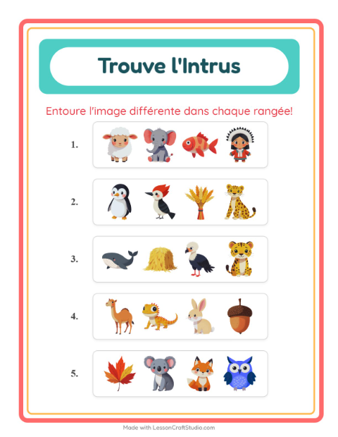 Aperçu de la fiche L'intrus avec Animaux pour École maternelle (grande section, 5-7 ans)