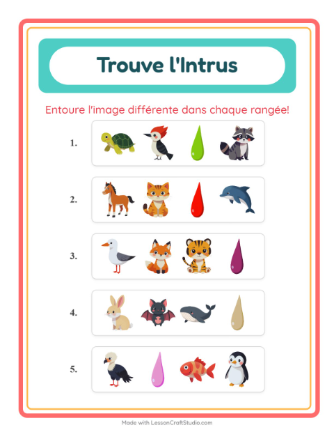 Aperçu de la fiche L'intrus avec Animaux pour École maternelle (grande section, 5-7 ans)