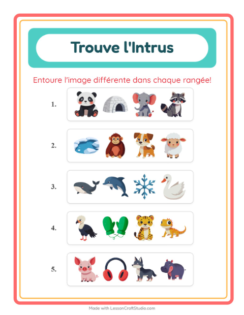 Aperçu de la fiche L'intrus avec Animaux pour École maternelle (grande section, 5-7 ans)