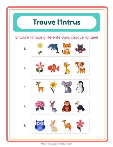 Aperçu de la fiche L'intrus avec Animaux pour École maternelle (grande section, 5-7 ans)