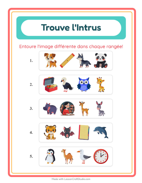 Aperçu de la fiche L'intrus avec Animaux pour École maternelle (grande section, 5-7 ans)