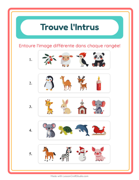 Aperçu de la fiche L'intrus avec Animaux pour École maternelle (grande section, 5-7 ans)