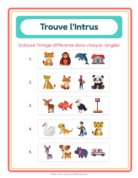 Aperçu de la fiche L'intrus avec Animaux pour École maternelle (grande section, 5-7 ans)