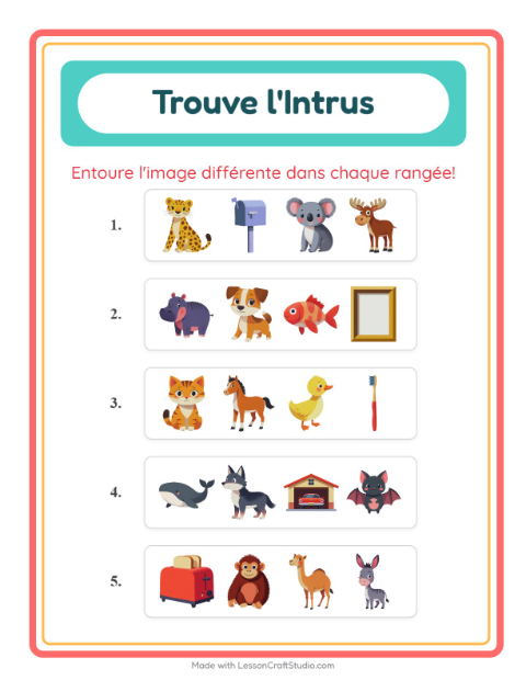 Aperçu de la fiche L'intrus avec Animaux pour École maternelle (grande section, 5-7 ans)