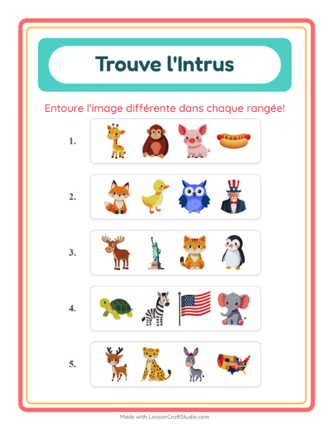 Aperçu de la fiche L'intrus avec Animaux pour École maternelle (grande section, 5-7 ans)