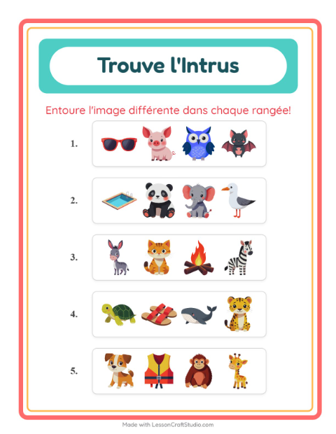 Aperçu de la fiche L'intrus avec Animaux pour École maternelle (grande section, 5-7 ans)