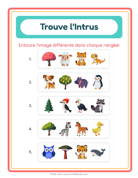 Aperçu de la fiche L'intrus avec Animaux pour École maternelle (grande section, 5-7 ans)