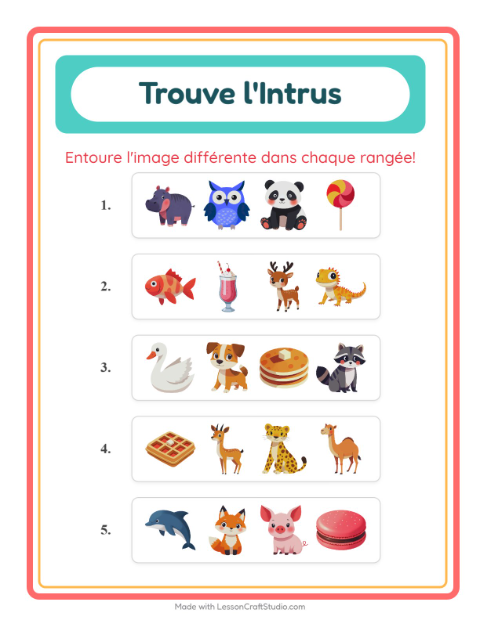 Aperçu de la fiche L'intrus avec Animaux pour École maternelle (grande section, 5-7 ans)
