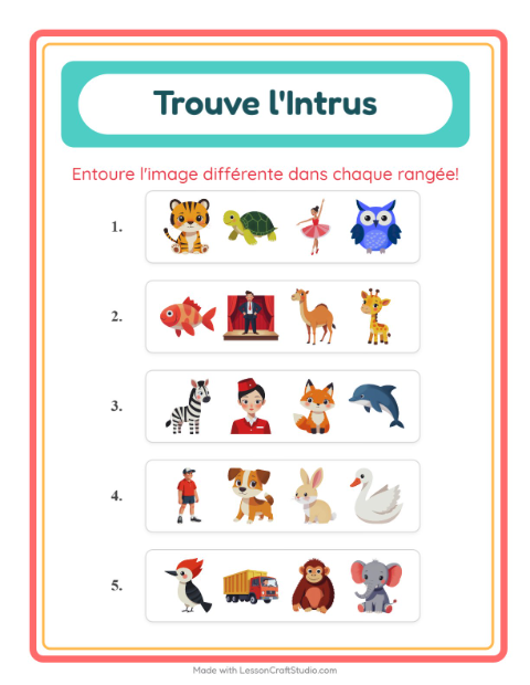 Aperçu de la fiche L'intrus avec Animaux pour École maternelle (grande section, 5-7 ans)