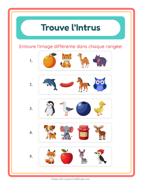 Aperçu de la fiche L'intrus avec Animaux pour École maternelle (grande section, 5-7 ans)