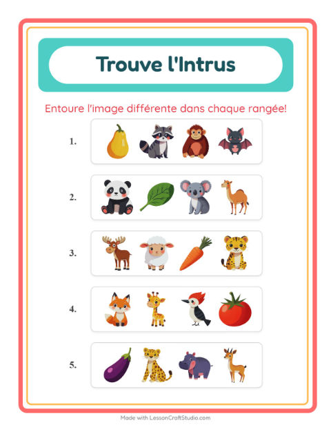 Aperçu de la fiche L'intrus avec Animaux pour École maternelle (grande section, 5-7 ans)