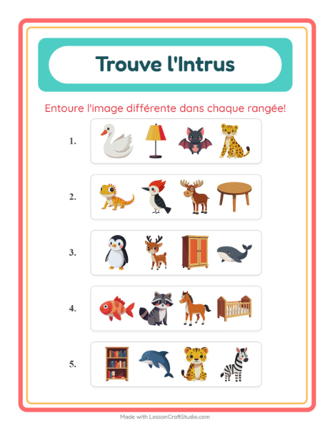 Aperçu de la fiche L'intrus avec Animaux pour École maternelle (grande section, 5-7 ans)