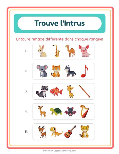 Aperçu de la fiche L'intrus avec Animaux pour École maternelle (grande section, 5-7 ans)