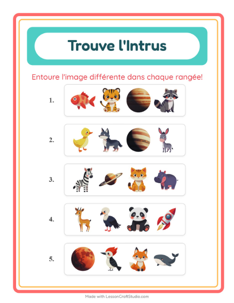 Aperçu de la fiche L'intrus avec Animaux pour École maternelle (grande section, 5-7 ans)