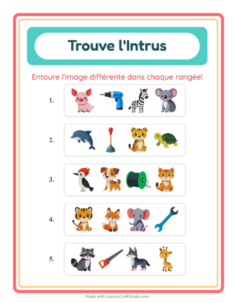 Aperçu de la fiche L'intrus avec Animaux pour École maternelle (grande section, 5-7 ans)